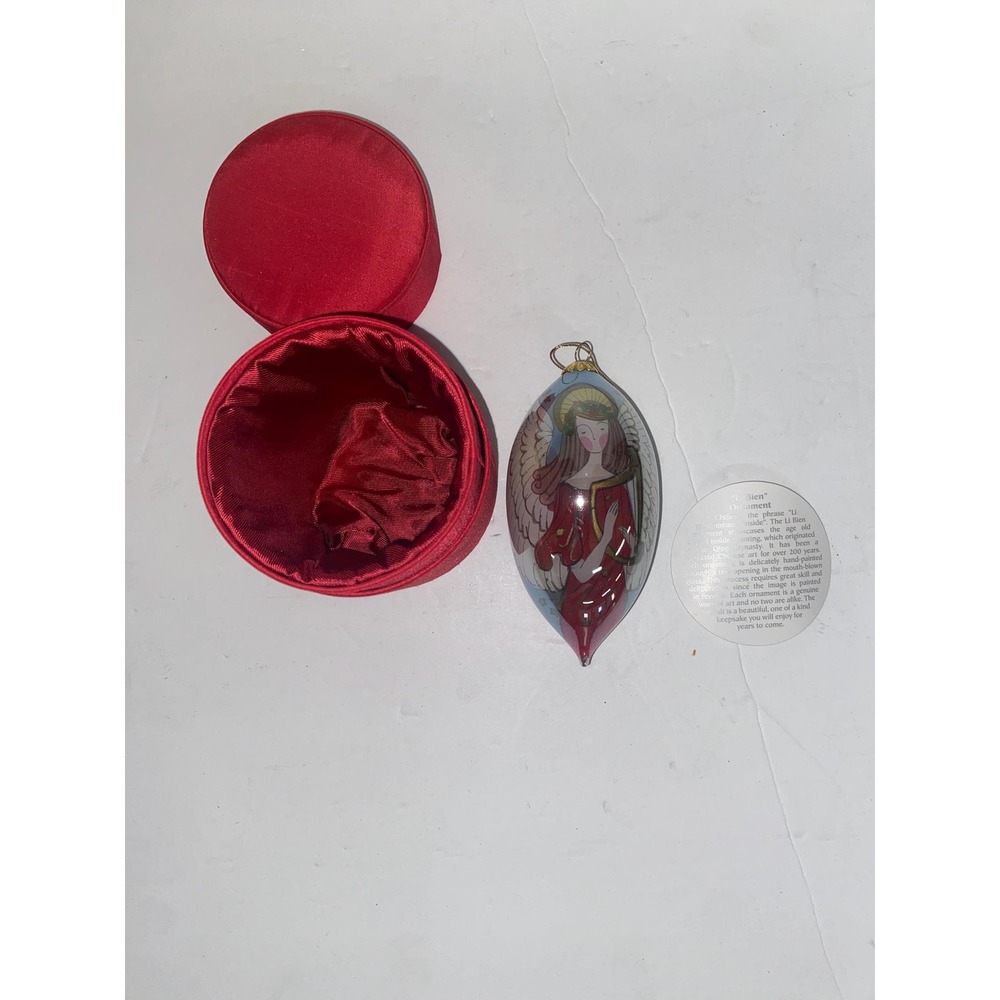 Vintage Pier 1 Angel XMas Ornament Hand Painted Glass Li Bien w/ Harp Silk Box